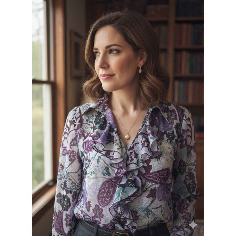 Peck and Peck Collection Floral Paisley Ruffle Blouse Purple Size 8